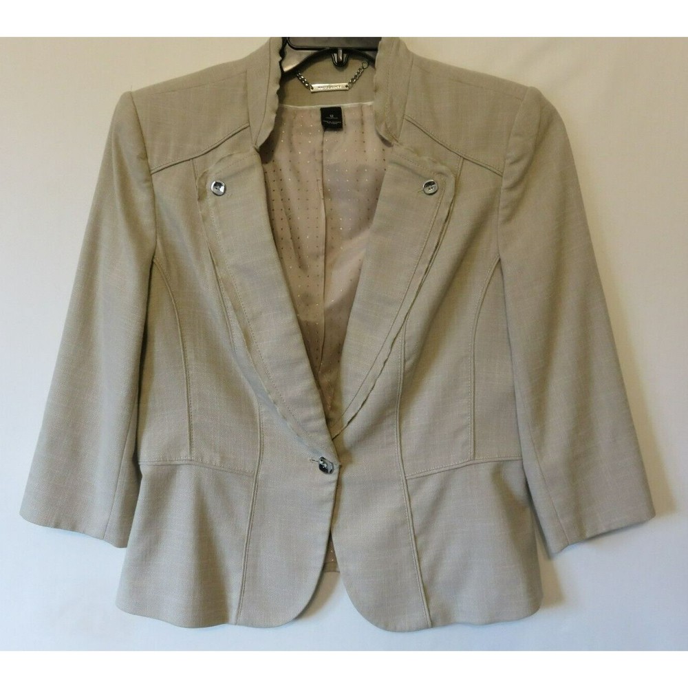 White House Black Market Velvet Blazer Sz 12 Tan/Beige Single Button Ruffle Trim